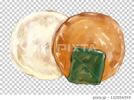 美味しそうな白いせんべいと醤油のり煎餅の手描き水彩イラスト 132954359