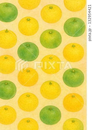 柑橘類シリーズ：青みかんやゆずを混ぜたカラフルな総柄パターン 132954421