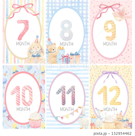 Set of of baby milestone cards in pastel colors. Newborn boy or girl. Watercolor baby month anniversary card. Capture all the special moments of little ones in their first year. Set of of baby milestone cards in pastel colors. Newborn boy or girl. Watercolor baby month anniversary card. Capture all the special moments of little ones in their first year. 132954462