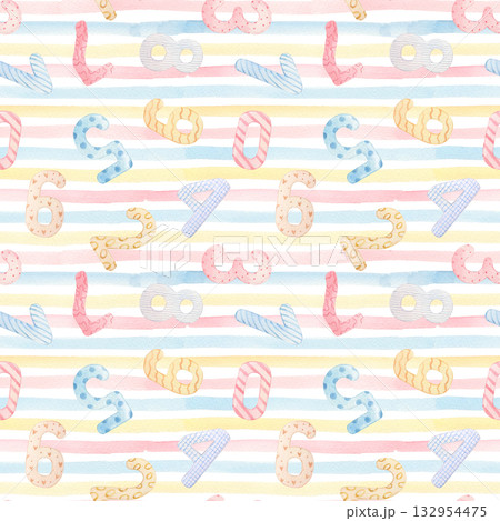 Number watercolor pattern for birthday celebration party, nursery or milestones. Hand-drawn watercolor illustration. 132954475