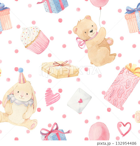 Watercolor pink birthday girl seamless pattern. Hand drawn bunny, bear presents illustrations. Colorful background for packaging, textile, fabric, wallpaper, scrapbook Watercolor pink birthday girl seamless pattern. Hand drawn bunny, bear presents illustrations. Colorful background for packaging, textile, fabric, wallpaper, scrapbook 132954486