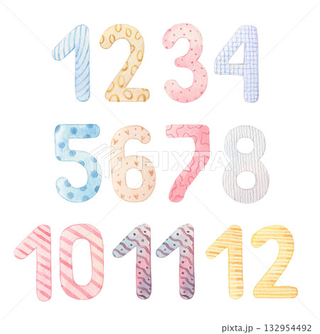 Watercolor number set for birthday celebration party, nursery or milestones. Hand-drawn watercolor illustration. Watercolor number set for birthday celebration party, nursery or milestones. Hand-drawn watercolor illustration. 132954492