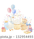 Baby birthday composition with pink, blue and beige elements. Watercolor hand drawn illustrations. Pastel color for kids party 132954493