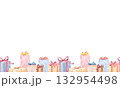 Seamless border with pink, blue and beige presents. Watercolor hand drawn illustrations. Pastel color for baby party 132954498