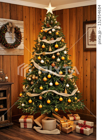 Decorated rustic Christmas tree Decorated rustic Christmas tree 132954684