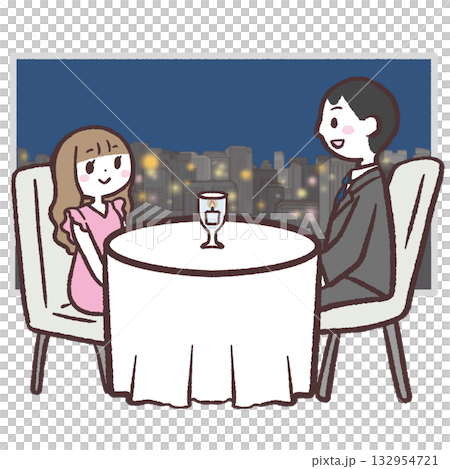 Illustration of a couple dining in a restaurant with a beautiful night view 132954721