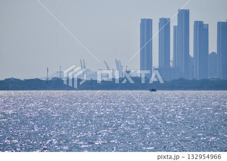 The view Cityscape of Shenzhen, Guangdong, China from the shore of Shenzhen Bay. City in the summer day. Modern city waterfront downtown skyline,China. Nature and landscape. 132954966
