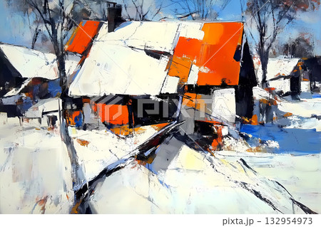 Abstract oil painting of a house with winter landscape background artistic winter scenery 132954973