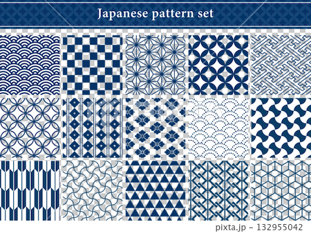 青色の和柄パターンセット 132955042