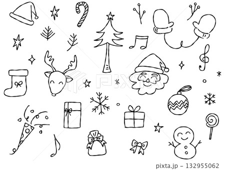 手書きのクリスマスのイラスト素材、デコレーション素材のセット 132955062