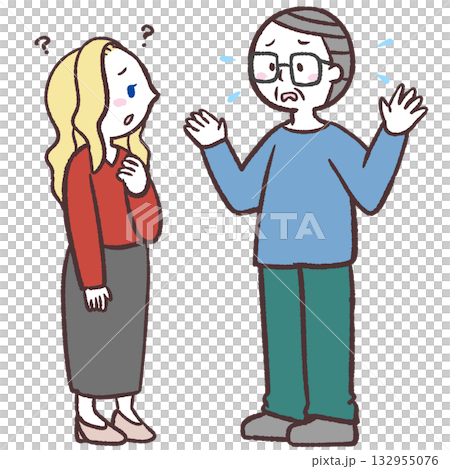 一位老年男子不善於與白人女性交談的插圖 一位老年男子不善於與白人女性交談的插圖 132955076