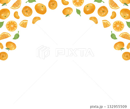 水彩タッチのオレンジ・みかんフレーム素材｜季節のデザイン・食品・果物イメージ 132955509