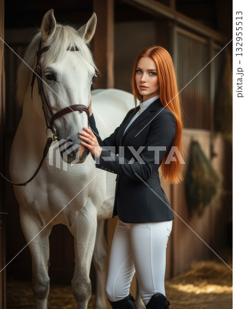 Young equestrian rider petting her horse outdoors. Woman lovely caress horse, well groomed equipped inside a stable. Young equestrian rider petting her horse outdoors. Woman lovely caress horse, well groomed equipped inside a stable. 132955513