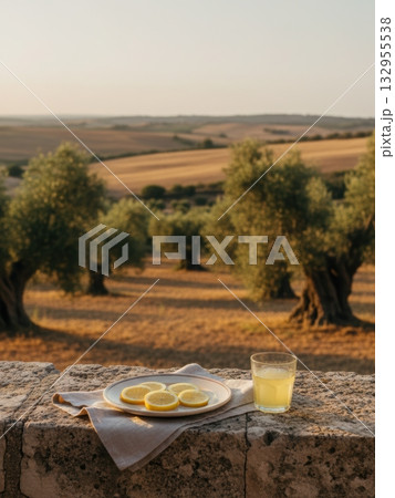 Sliced lemon on a plate lemon juice water with lemon, morning in nature, healthy breakfast, vitamin C, mint 132955538