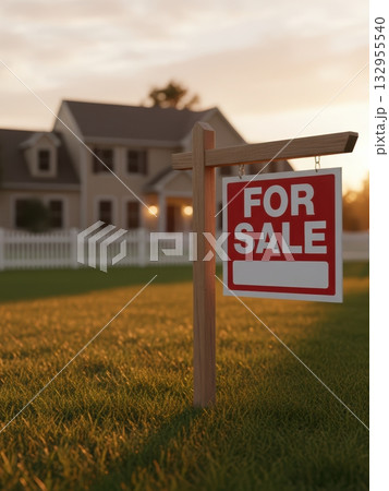 For Sale Sign on a Lawn in Front of a Modern House with Traditional Design. Real Estate Property, Mortgage, Housing Market and Home Ownership Concept. For Sale Sign on a Lawn in Front of a Modern House with Traditional Design. Real Estate Property, Mortgage, Housing Market and Home Ownership Concept. 132955540