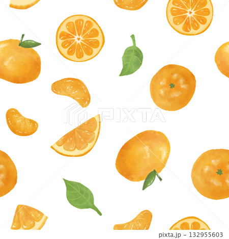 やさしい水彩タッチのオレンジ・みかん柄シームレスパターン｜フルーツデザイン・冬の背景・雑貨デザイン 132955603