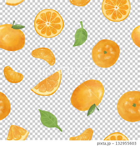 やさしい水彩タッチのオレンジ・みかん柄シームレスパターン｜フルーツデザイン・冬の背景・雑貨デザイン 132955603