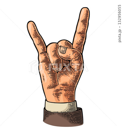Rock and Roll hand sign. Vector vintage engraving illustration. 132956055