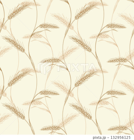Seamless pattern of two rows of wheat on a light beige background. For packaging design, cards, cover, prints, product labels and fabric. Seamless pattern of two rows of wheat on a light beige background. For packaging design, cards, cover, prints, product labels and fabric. 132956125
