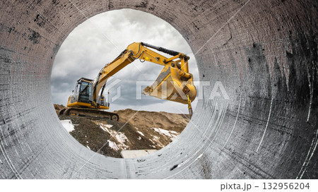 Heavy construction equipment is operating at a worksite, seen through the round opening of a pipe, with dirt being moved on a cloudy day. Loader, excavator. Heavy construction equipment is operating at a worksite, seen through the round opening of a pipe, with dirt being moved on a cloudy day. Loader, excavator. 132956204