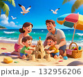 Family on beach vacation A happy family building a sandcastle on a sunny tropical beach, surrounded by palm trees, blue sky, and seagulls, representing joy and togetherness. 132956206