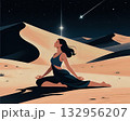 Woman meditating in desert night A peaceful woman sitting in meditation under a starry sky on golden sand dunes, symbolizing inner peace, mindfulness, and solitude. 132956207