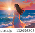 Woman watching ocean sunset A serene woman standing on the beach in a flowing dress, watching the glowing sunset over the calm ocean waves, symbolizing peace and reflection. 132956208
