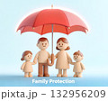Family protection concept Wooden toy family figures standing under a red umbrella on a blue background, representing safety, security, and family care insurance concept. 132956209
