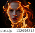 Woman with fiery hair A powerful portrait of a woman with flames surrounding her face, representing strength, energy, passion, and the element of fire. 132956212