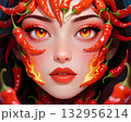 Fiery chili pepper woman A surreal portrait of a woman with red chili peppers and flame designs on her face, symbolizing heat, passion, and fiery strength. 132956214
