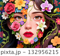 Floral woman fantasy portrait A dreamy artistic portrait of a woman with flowers and vines covering her face, representing beauty, nature, and spring transformation. 132956215