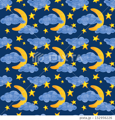 Seamless pattern with crescent moon, golden stars and clouds, hand-drawn. An image of the night sky in pencil on a dark blue background. For wallpaper, textiles, wrapping paper. Seamless pattern with crescent moon, golden stars and clouds, hand-drawn. An image of the night sky in pencil on a dark blue background. For wallpaper, textiles, wrapping paper. 132956226