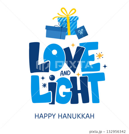Love and Light Hanukkah Greeting Card with Gift Boxes and Festive Typography. Perfect for greeting cards, posters, banners, invitations, social media related to Jewish holidays and traditions. 132956342