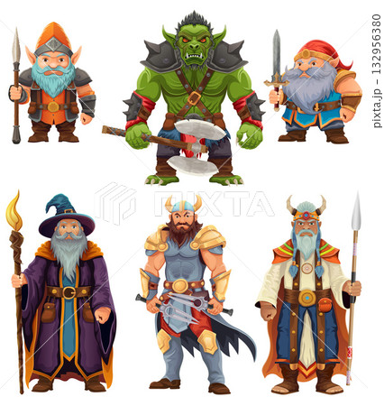 ancient fantasy characters for computer games: sorcerer, witcher, dwarf, elf, goblin, shaman, warrior cartoon stock vector illustration 132956380