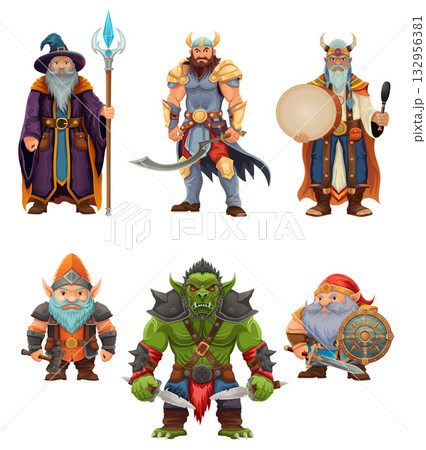 ancient fantasy characters for computer games: sorcerer, witcher, dwarf, elf, goblin, shaman, warrior cartoon stock vector illustration ancient fantasy characters for computer games: sorcerer, witcher, dwarf, elf, goblin, shaman, warrior cartoon stock vector illustration 132956381