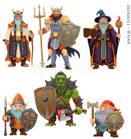 ancient fantasy characters for computer games: sorcerer, witcher, dwarf, elf, goblin, shaman, warrior cartoon stock vector illustration ancient fantasy characters for computer games: sorcerer, witcher, dwarf, elf, goblin, shaman, warrior cartoon stock vector illustration 132956382