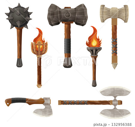 detailed vector illustration showing a variety of fantasy and ancient weapons and shields the image features swords, axes, hammers, spears, and torches 132956388