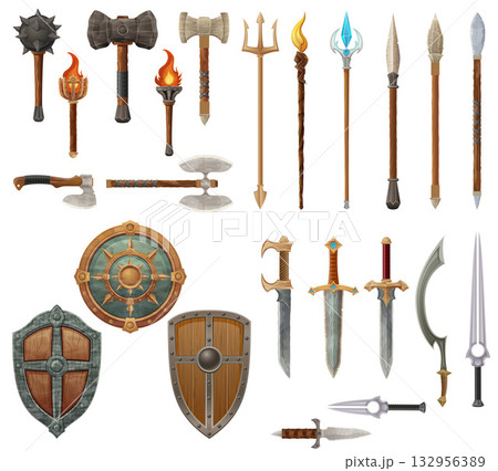 detailed vector illustration showing a variety of fantasy and ancient weapons and shields the image features swords, axes, hammers, spears, and torches 132956389