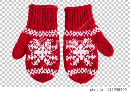 Cozy red knitted mittens with white snowflake pattern, isolated on transparent background. Concept for winter, christmas, cold weather fashion Cozy red knitted mittens with white snowflake pattern, isolated on transparent background. Concept for winter, christmas, cold weather fashion 132956496