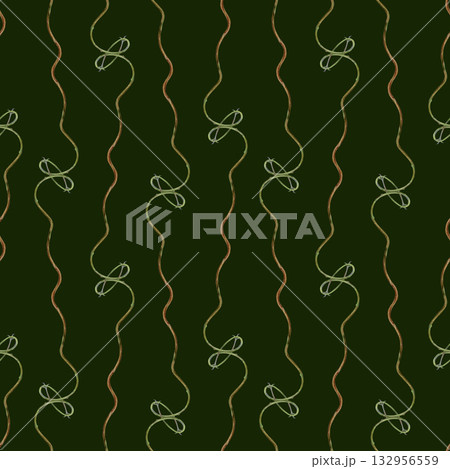 Striped green seamless pattern. Watercolor, hand-drawn, twisting plant stems on a green background for textile design, wrapping paper, wallpaper, textured backgrounds, scrapbooking, and packaging 132956559