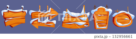 Hanging wooden board with snow covered surfaces Hanging wooden board with snow covered surfaces 132956661