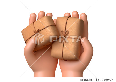 Playful 3d cartoon hands holding simple brown cardboard parcels or packages, perfect for concepts of delivery, e-commerce, shipping, surprise gifts Playful 3d cartoon hands holding simple brown cardboard parcels or packages, perfect for concepts of delivery, e-commerce, shipping, surprise gifts 132956697