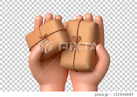 Playful 3d cartoon hands holding simple brown cardboard parcels or packages, perfect for concepts of delivery, e-commerce, shipping, surprise gifts Playful 3d cartoon hands holding simple brown cardboard parcels or packages, perfect for concepts of delivery, e-commerce, shipping, surprise gifts 132956697