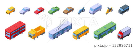 Isometric public transport. Car truck bus motorbikes, social and personal 3d vehicle icons. Delivery and urban logistic, city transportation, nifty vector set Isometric public transport. Car truck bus motorbikes, social and personal 3d vehicle icons. Delivery and urban logistic, city transportation, nifty vector set 132956711