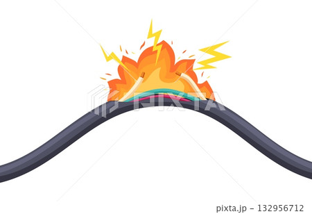 Electrical short circuit background. Burning uninsulated cable, household office power grid failure. Damaged wire with fire flame, sapid vector element Electrical short circuit background. Burning uninsulated cable, household office power grid failure. Damaged wire with fire flame, sapid vector element 132956712