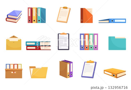 Cartoon office papers and folders. Isolated documents, yellow folder, paper holder and cardboard box. Education, work elements, sapid vector clipart 132956716