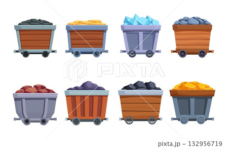 Mine carts. Isolated cart with gems, golden bars, coal and stones. Various dwarf treasures, coal and precious metal mining. Industrial sapid vector set Mine carts. Isolated cart with gems, golden bars, coal and stones. Various dwarf treasures, coal and precious metal mining. Industrial sapid vector set 132956719