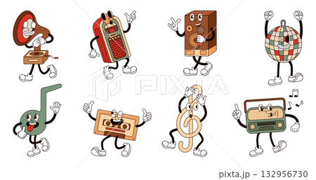 Retro characters music. Groovy style stickers, various emotion funny character. Party musical mascots, disco ball, radio, isolated neoteric vector set Retro characters music. Groovy style stickers, various emotion funny character. Party musical mascots, disco ball, radio, isolated neoteric vector set 132956730