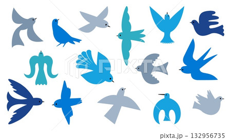 Simple birds silhouettes. Modern art style flying bird, dove and swallow. Minimalistic style pigeon, decorative scandinavian folk nowaday vector set Simple birds silhouettes. Modern art style flying bird, dove and swallow. Minimalistic style pigeon, decorative scandinavian folk nowaday vector set 132956735