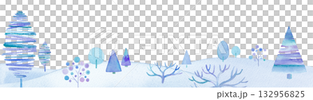 一幅描繪寒冷冬日雪景和樹木的水彩插畫。簡約的插畫設計。冬季圖片橫幅背景。 132956825